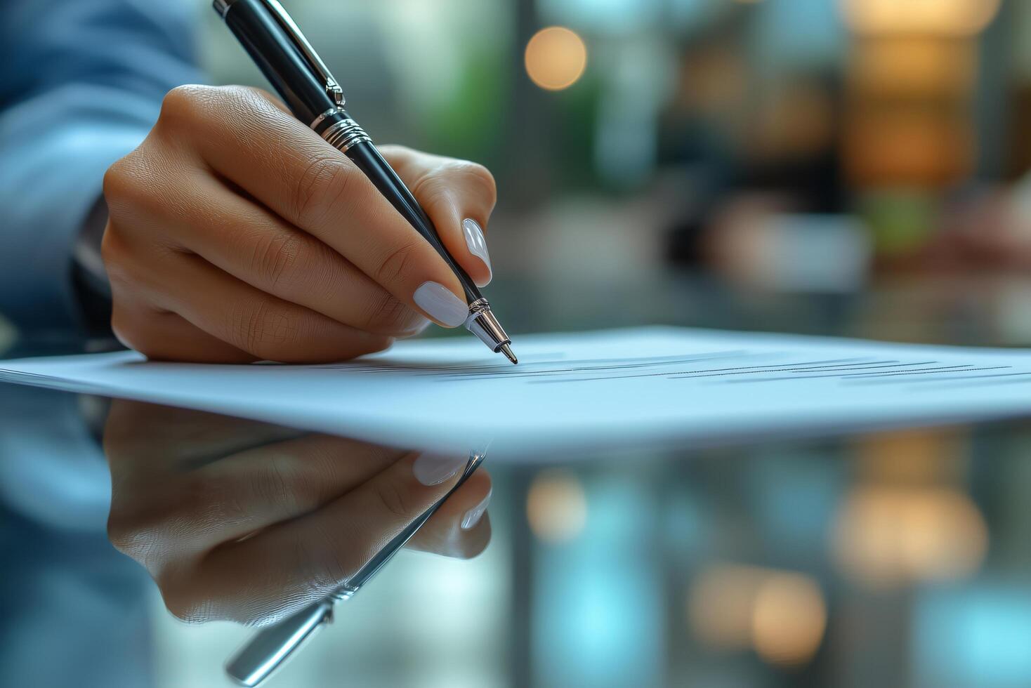 Close up of hand signing document with pen on desk for business contract agreement and signature concept photo