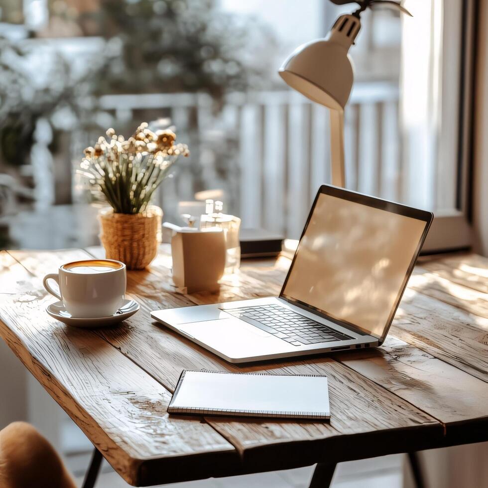 Cozy home office setup with laptop coffee and notebook for remote work productivity and inspiration photo