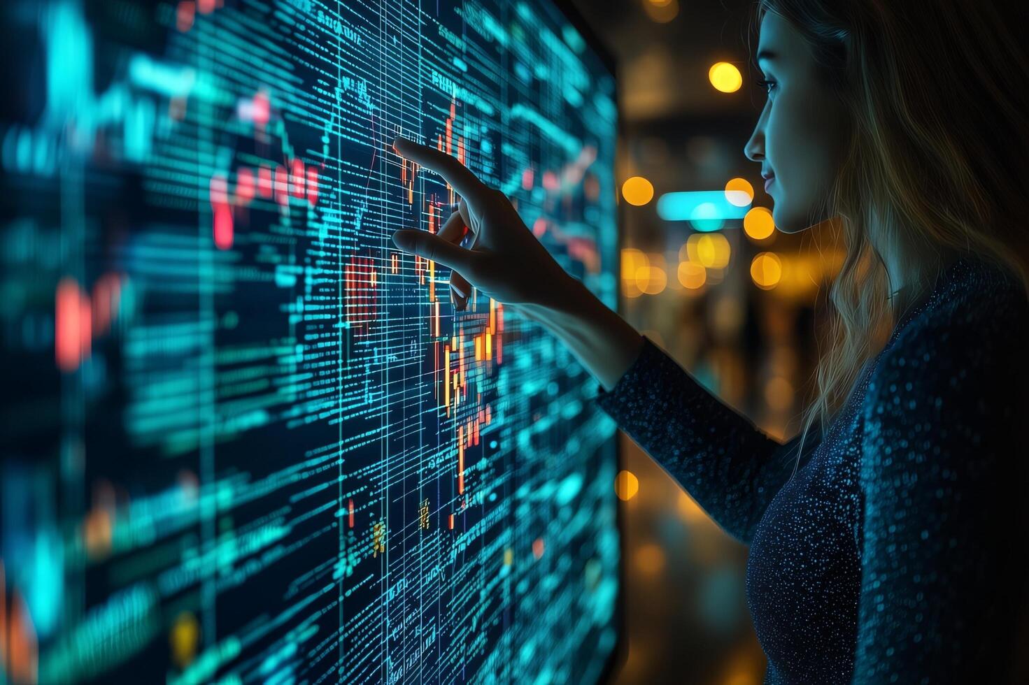 Woman analyzing stock market data on digital display screen for investment and trading analysis trends photo