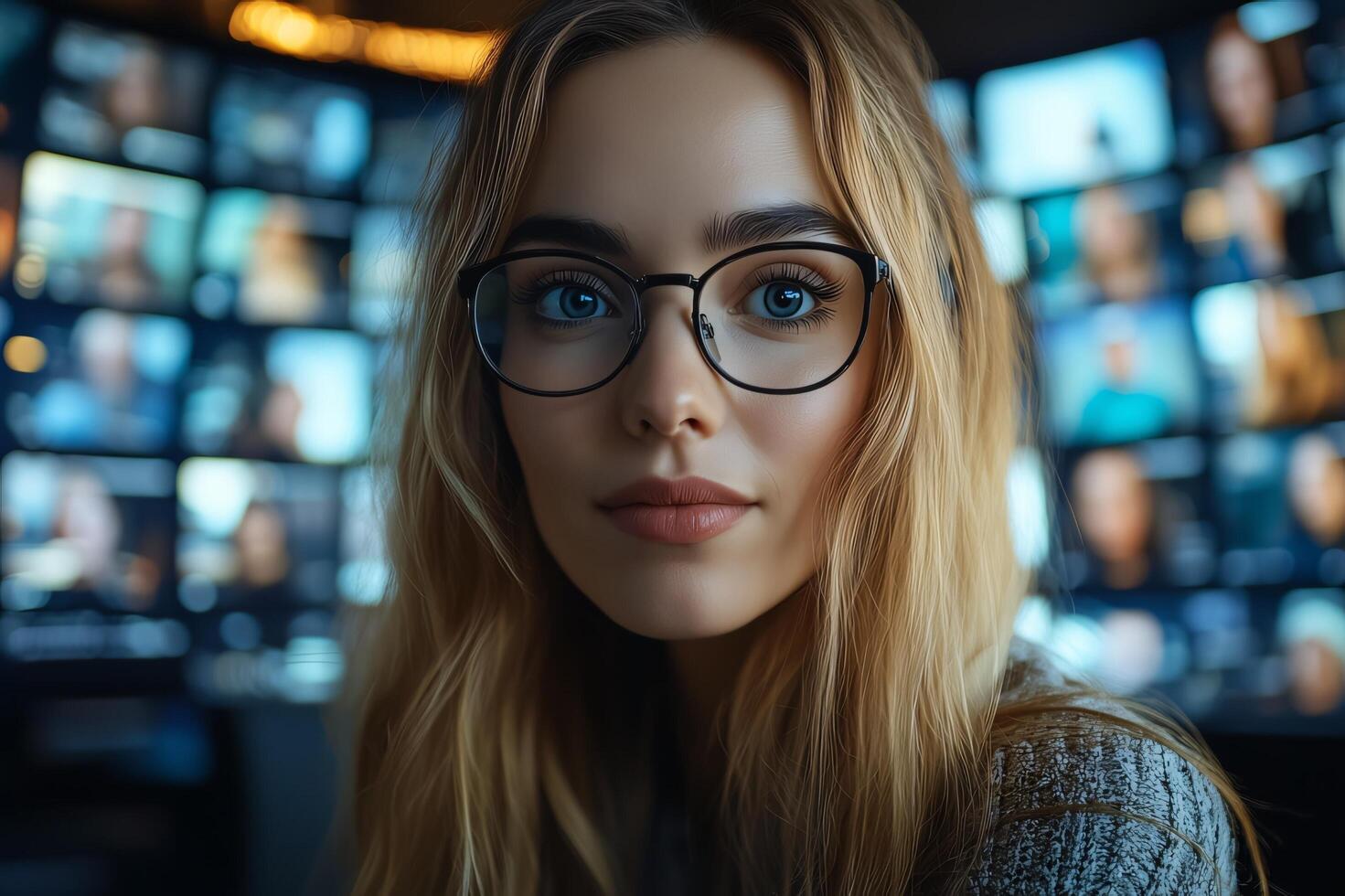 Portrait of a blonde woman with glasses in front of many screens for media or communication use photo