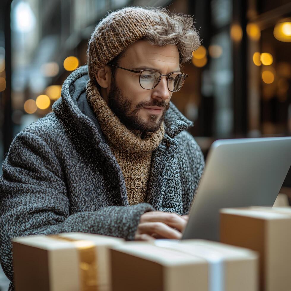 Man working on laptop with boxes outside wearing coat and hat in winter for business and lifestyle photo