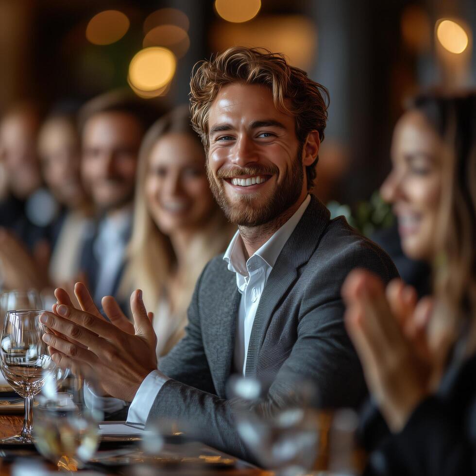 Handsome man smiling at dinner party with friends enjoying celebration with applause at restaurant photo