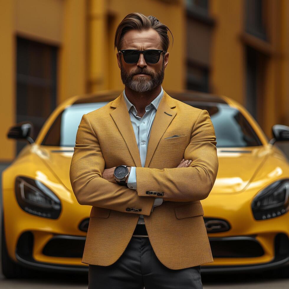 Man in blazer with yellow car stylish luxury lifestyle fashion model handsome beard sunglasses automotive photo