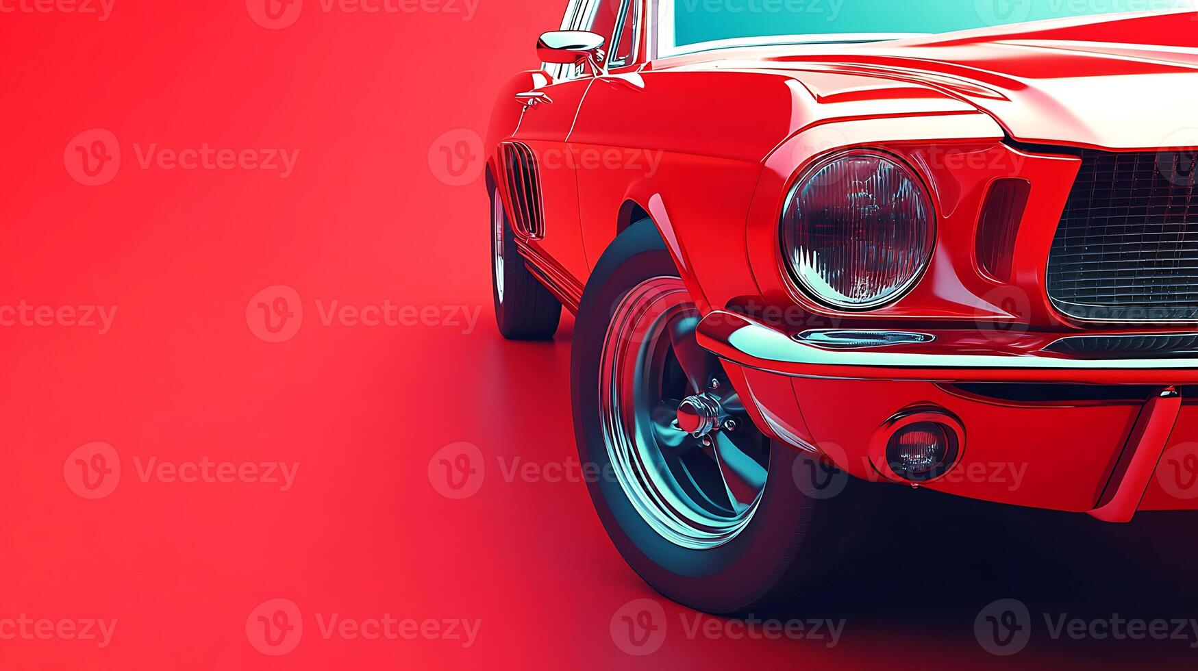 Classic red muscle car parked against a vibrant background, showcasing its sleek design and details photo