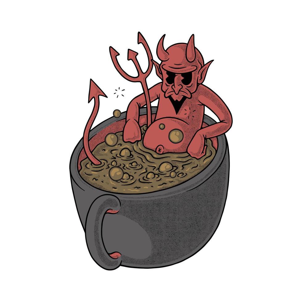 Retro Cartoon Devil Chilling in Coffee Cup vector