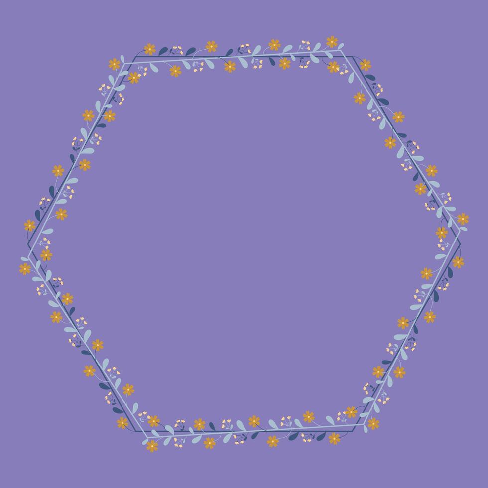 Blue Hexagonal Wreath Border Frame With Yellow Flowers And Leaves Decoration vector