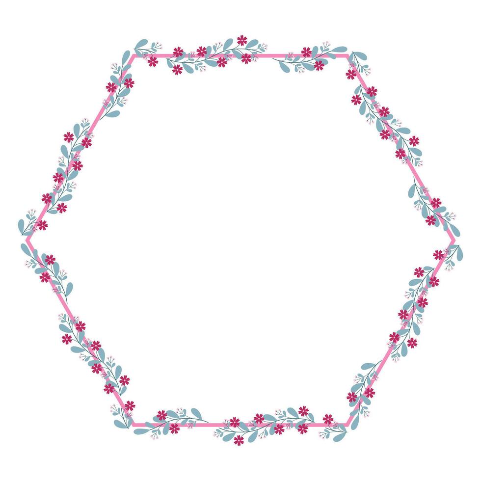 Pink Hexagonal Wreath Border Frame Decorated With Pink And Green Floral vector