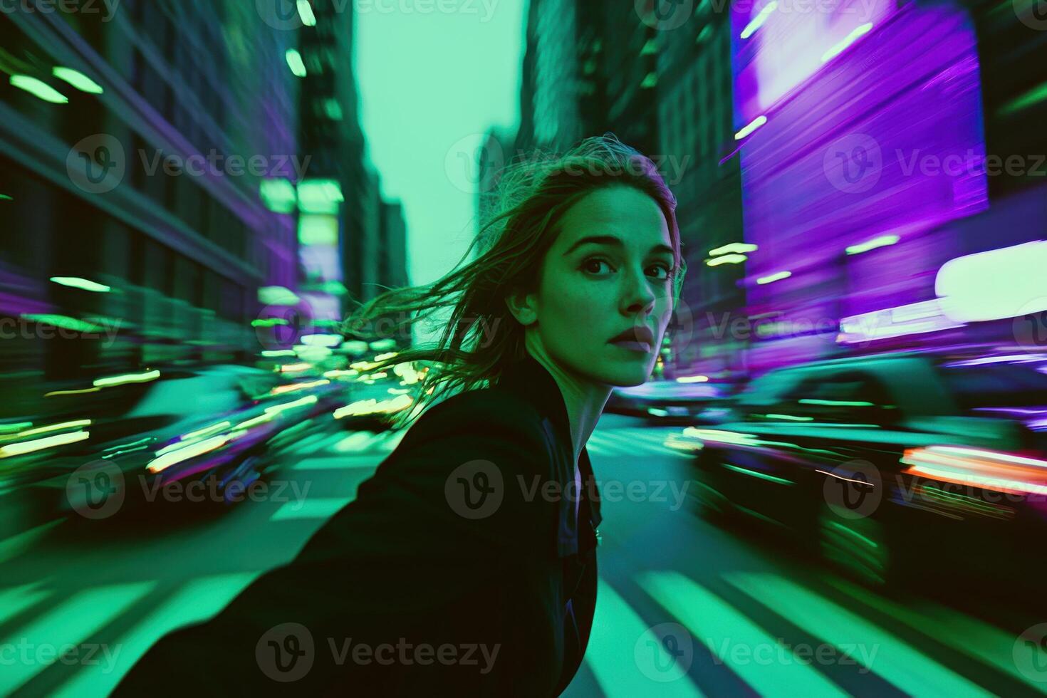 Woman running at night in busy city with neon lights and fast motion blur photo