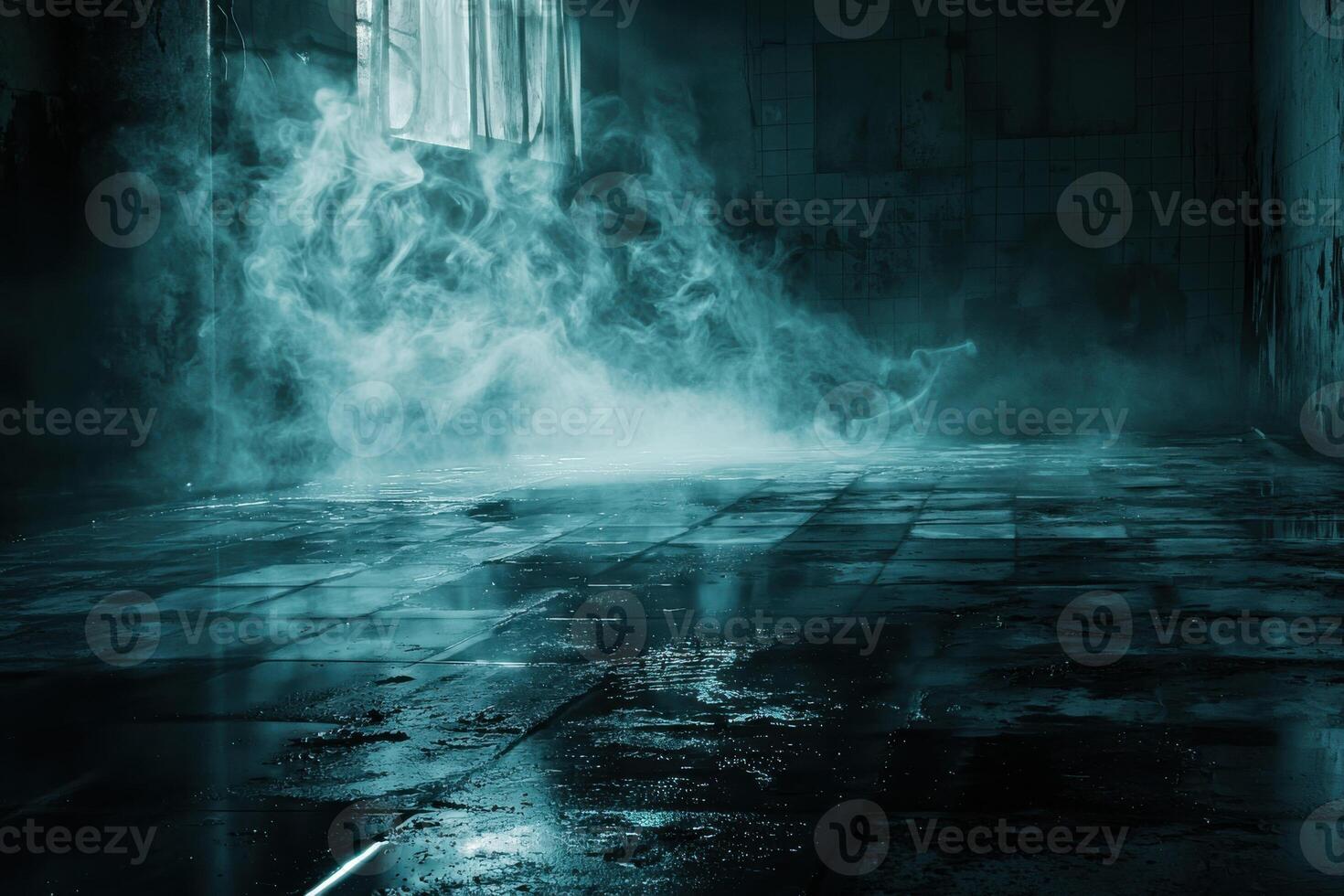 Mysterious abandoned building interior with fog and reflections photo
