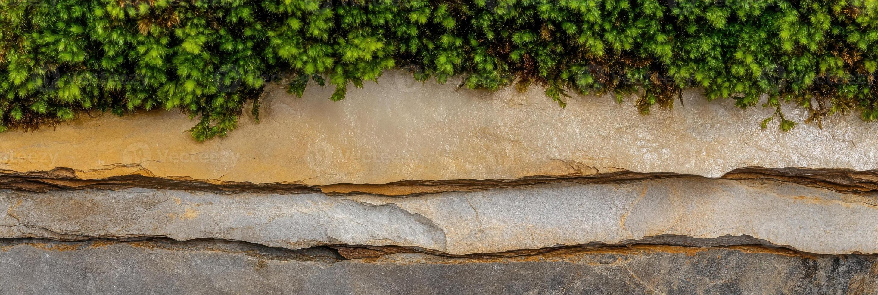 Natural abstract patterns of layers of rock and green moss in contrast photo
