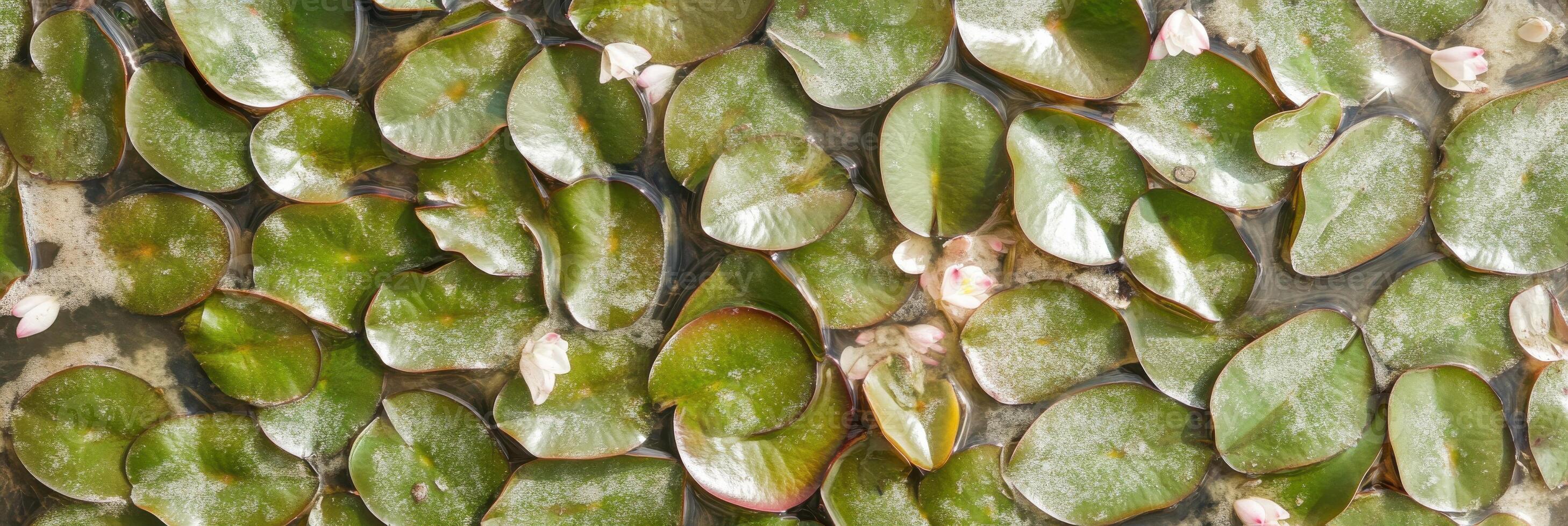 Lush green lily pads with delicate pink flowers floating on water surface photo