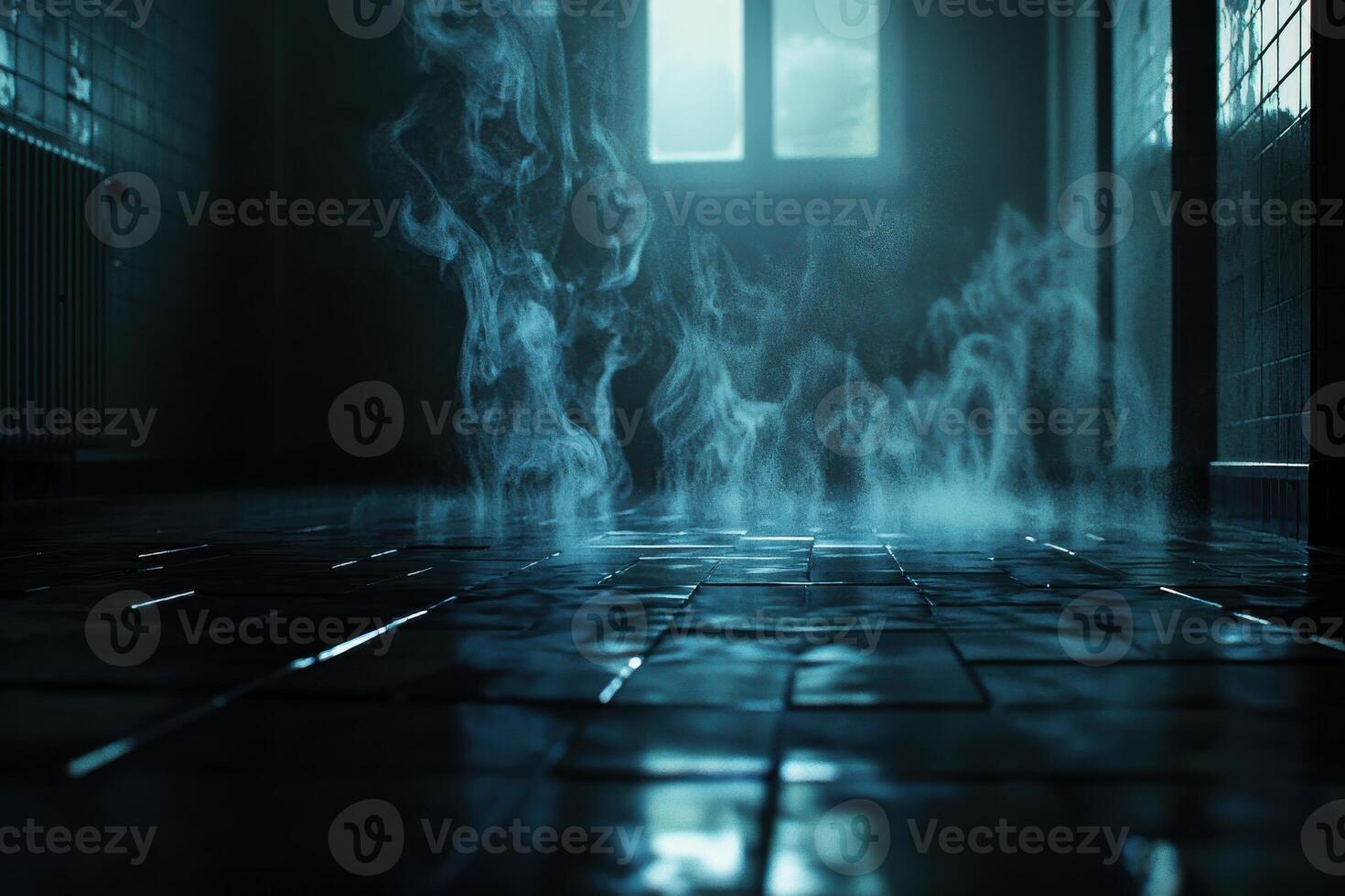Mysterious misty corridor with tiled floor and window light reflection photo