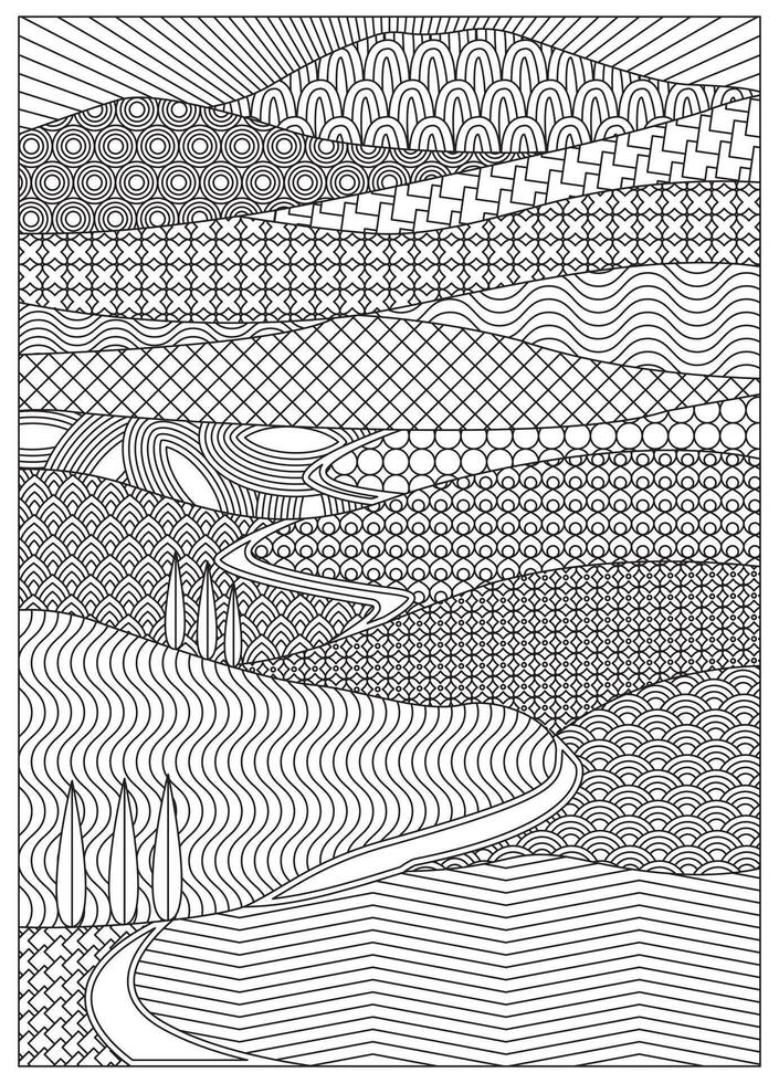 Mountain And Fields Scenery Adult Coloring Page vector