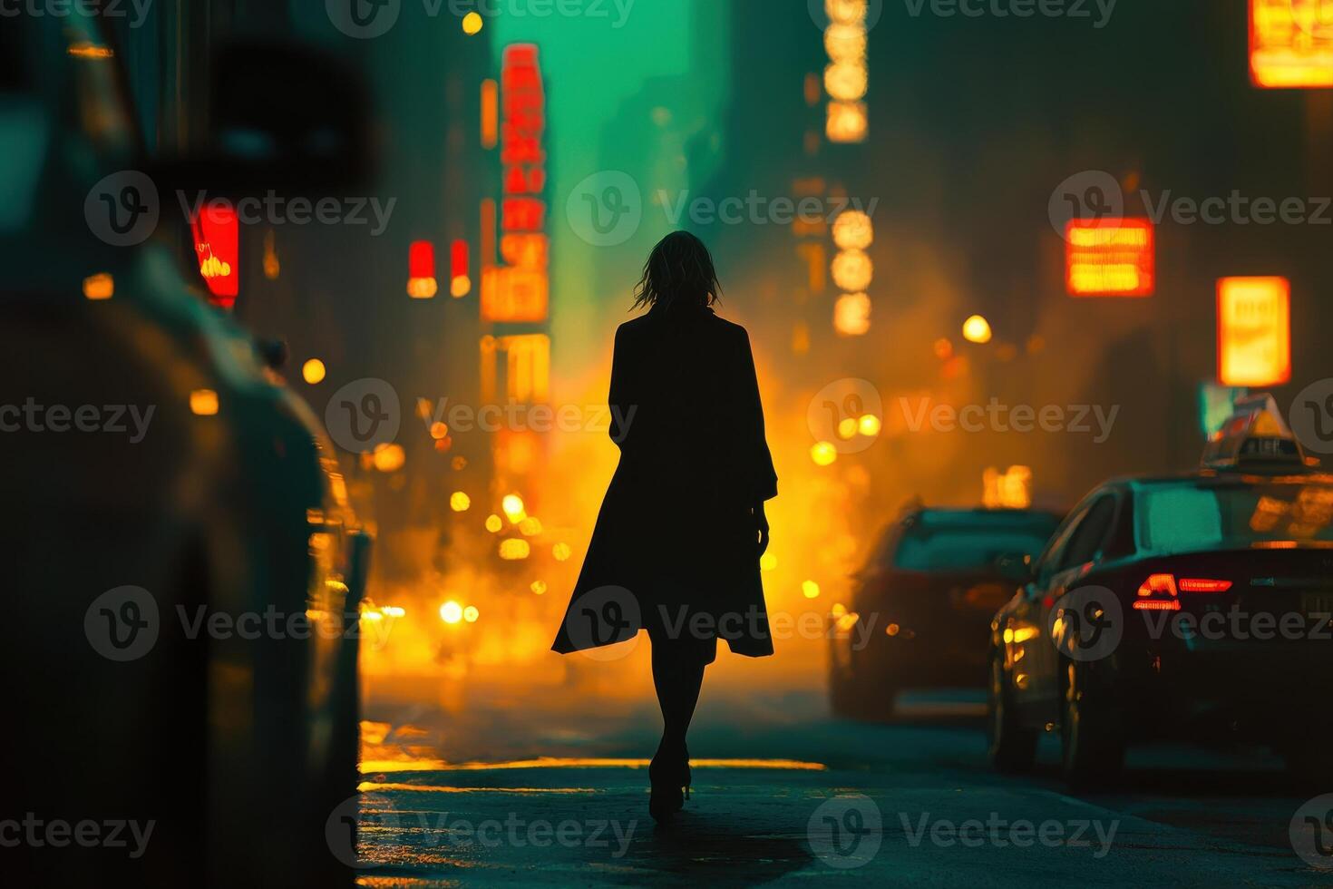 Silhouette of a woman walking through neon-lit city street at nighttime photo