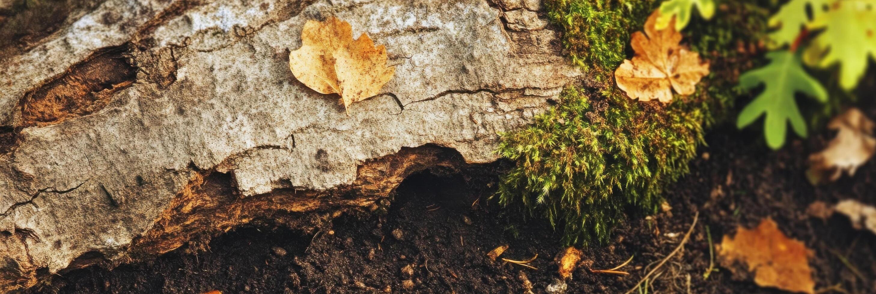 Autumn leaf on weathered tree bark with moss and soil in nature close-up photo