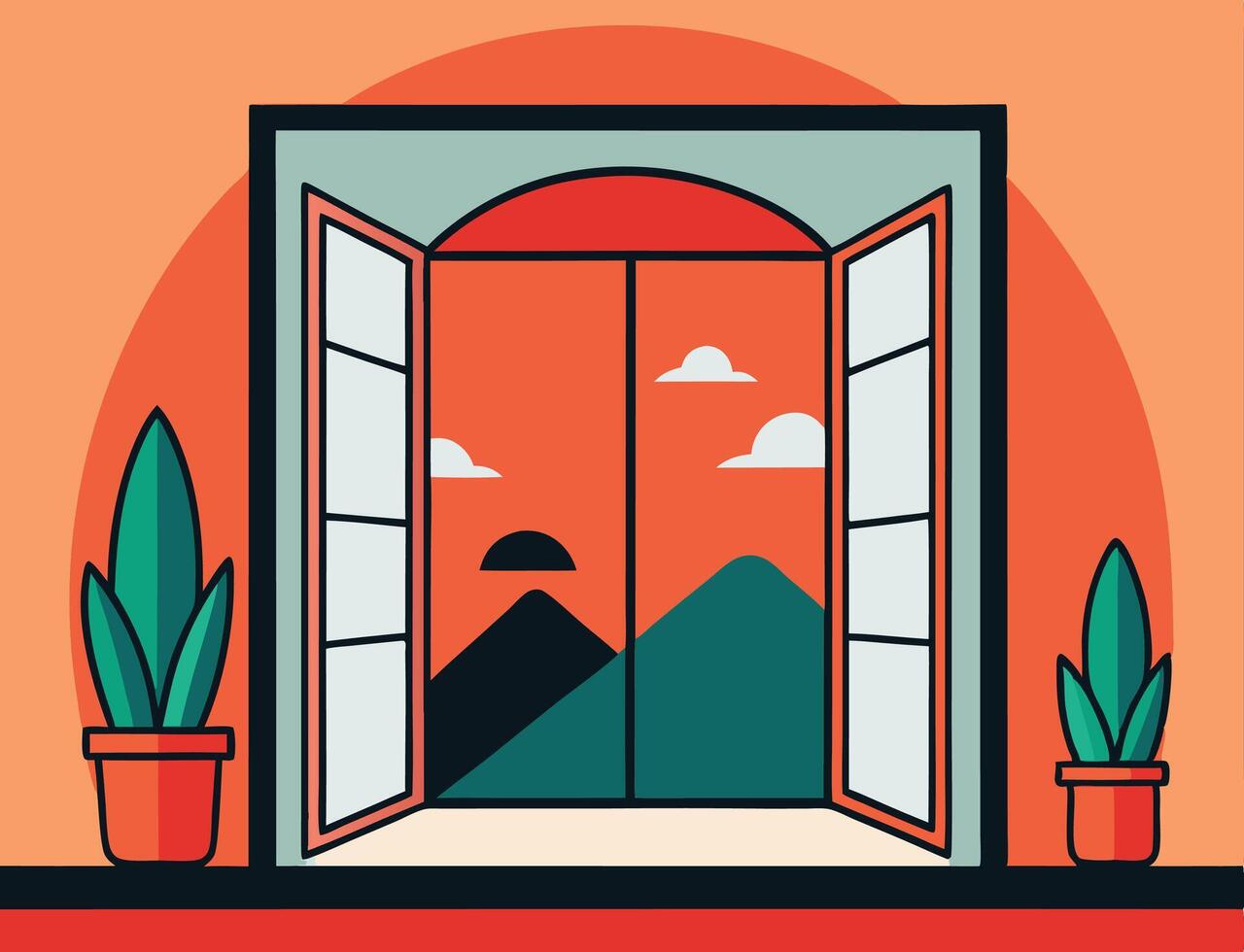 Mountain Sunset and Open Window Illustration Design vector