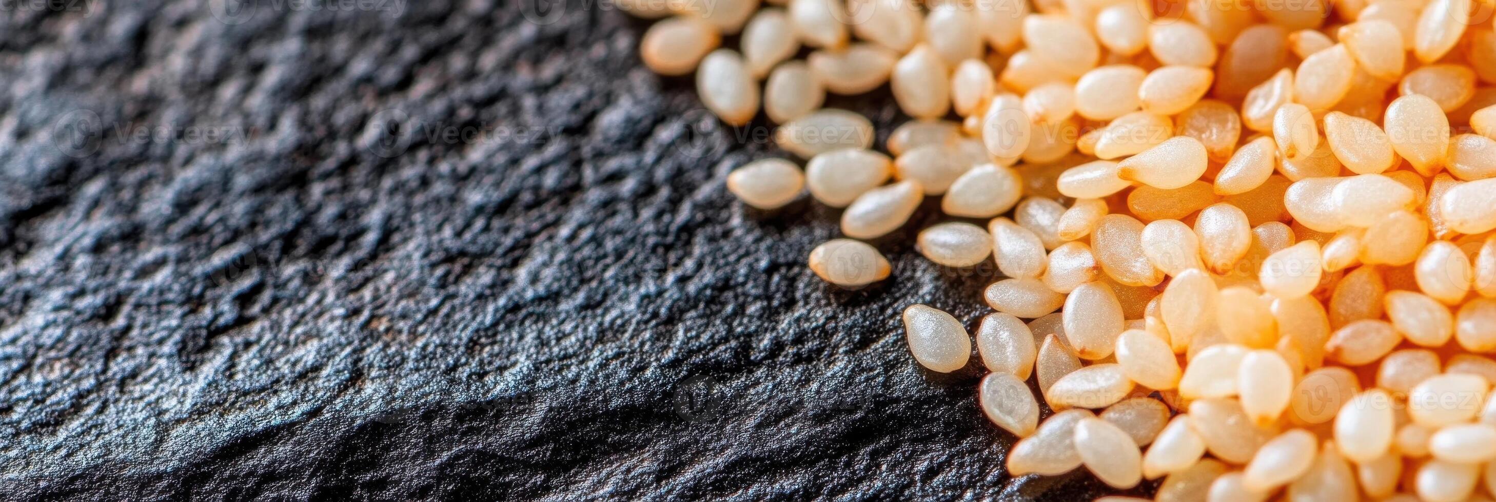 Close-up of uncooked rice grains on dark textured surface for culinary concepts photo