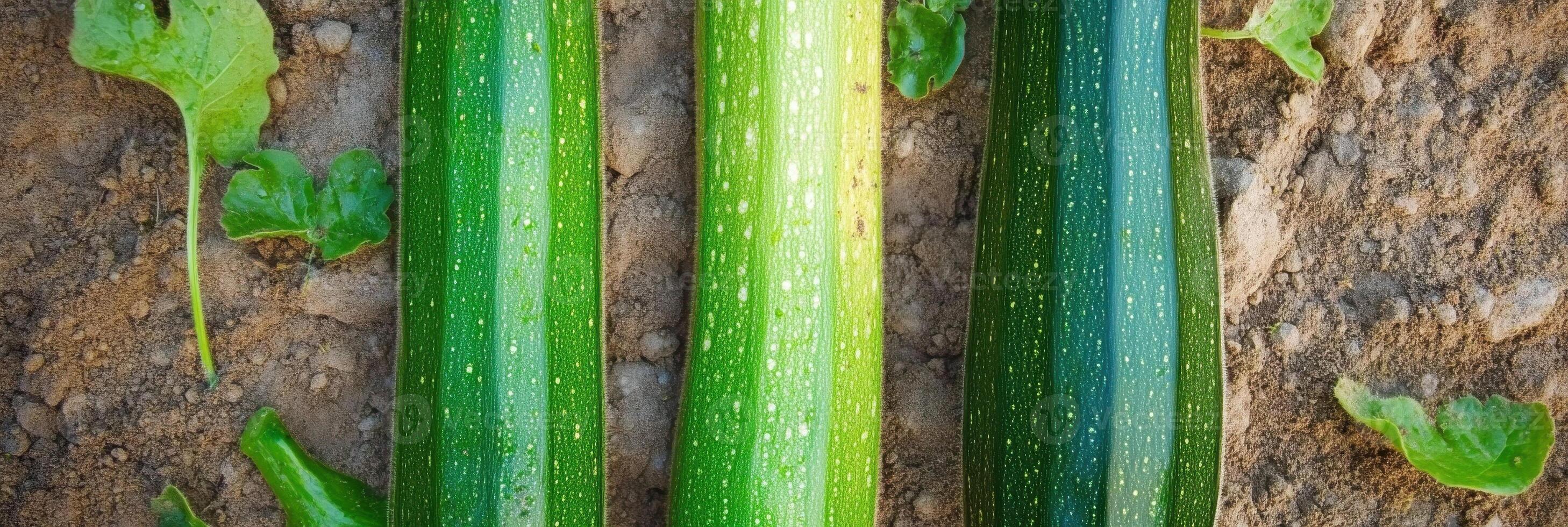 Three fresh zucchinis on natural soil background with scattered leaves photo