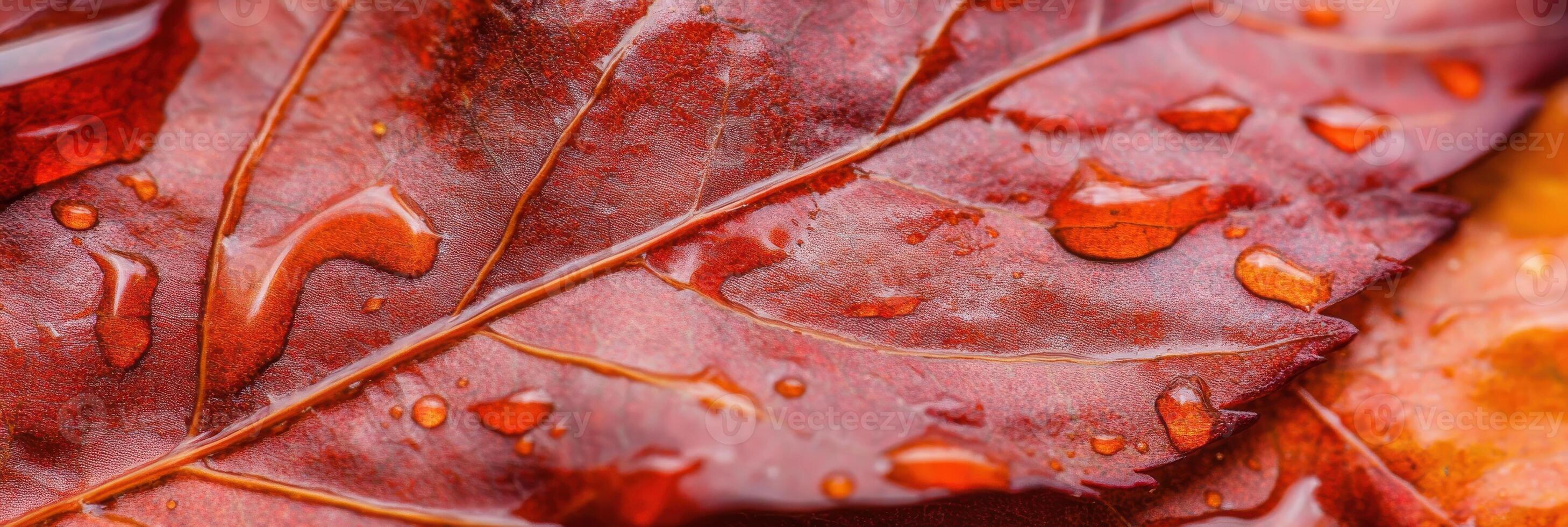Close-up of autumn leaf with water droplets showcasing natural texture and color photo