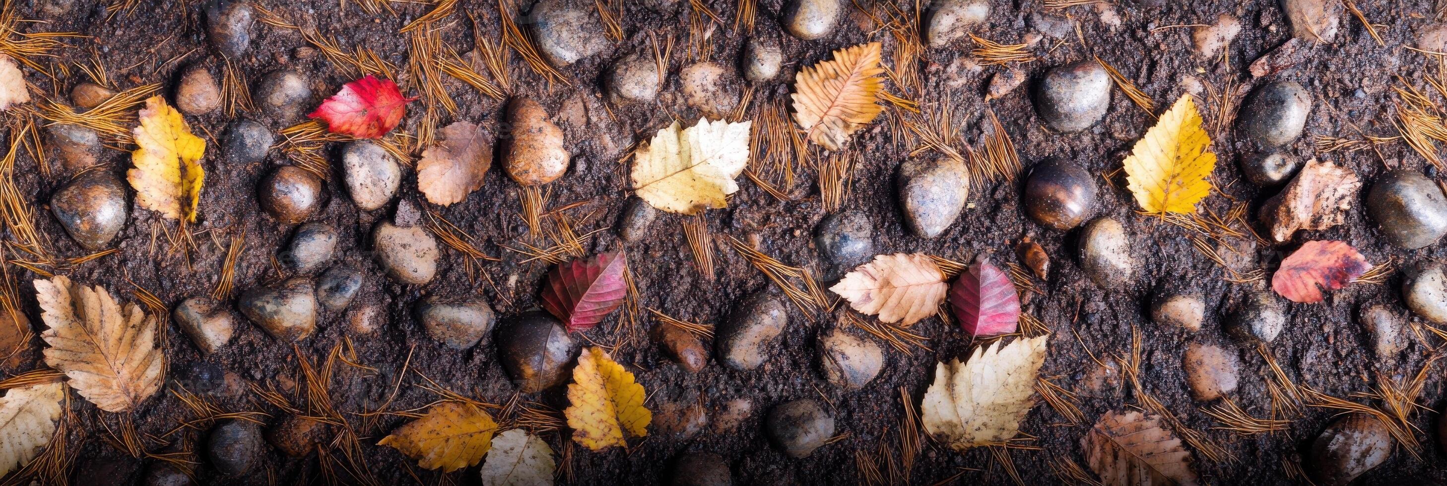 Autumn leaves and stones creating a natural earthy pattern on forest ground photo