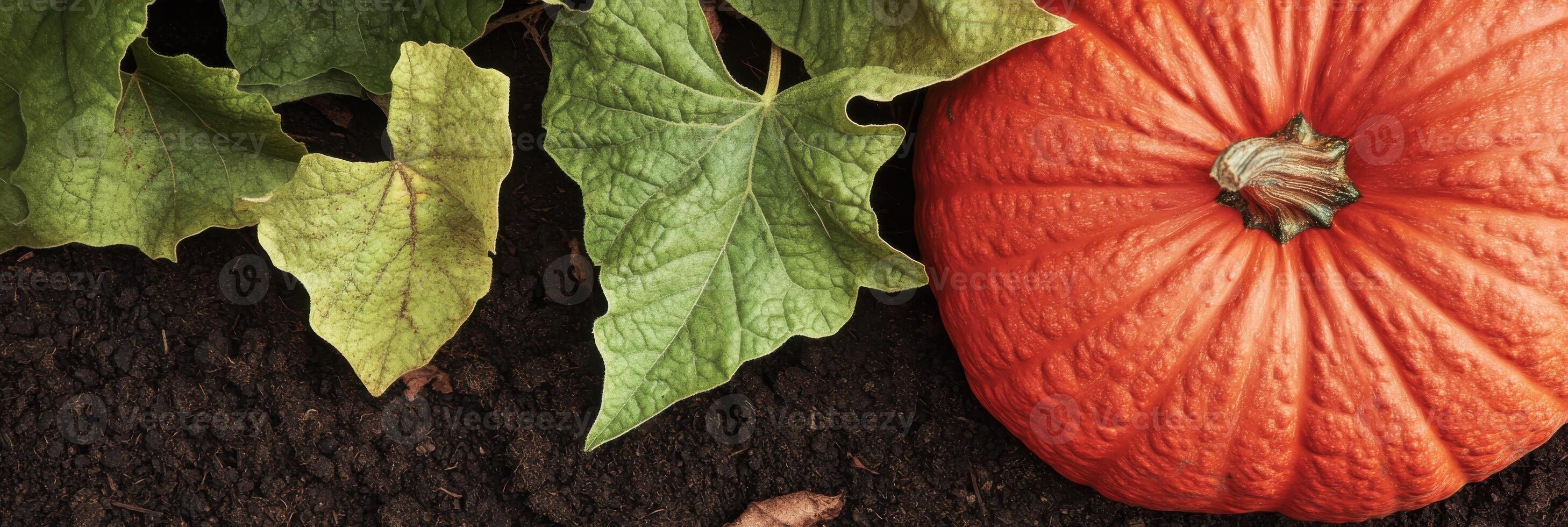 Vibrant pumpkin and green leaves on rich soil showcasing autumn harvest concept photo