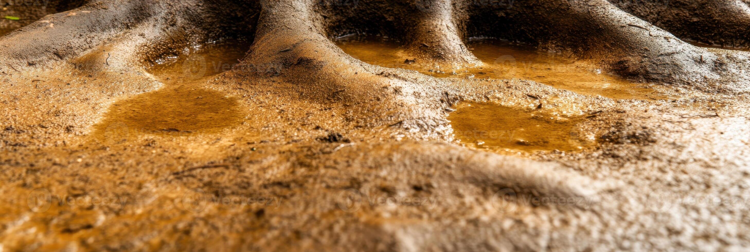 Detailed view of tree root system with water puddles on muddy surface photo