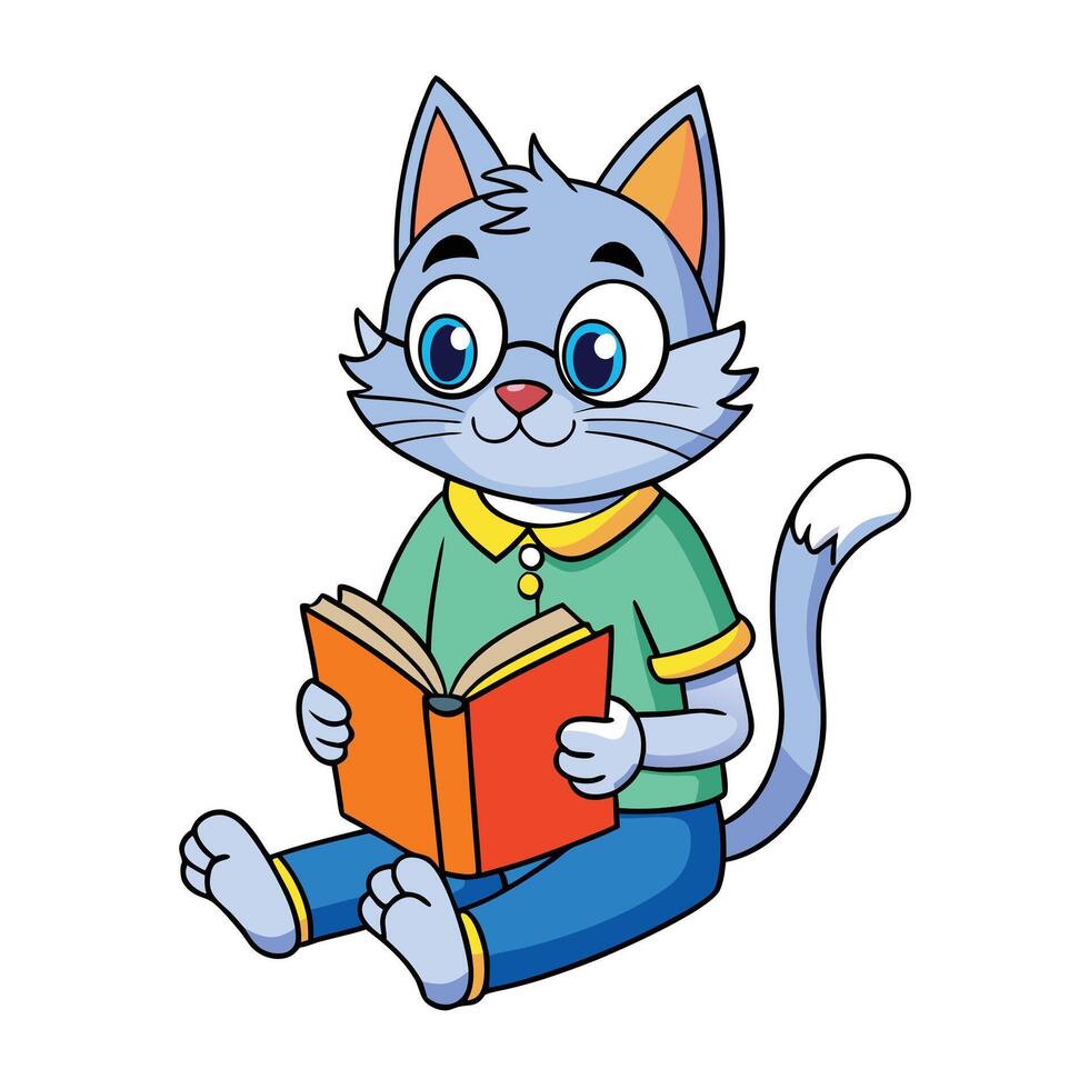 Cartoon Blue Cat Character Reading Orange Book vector