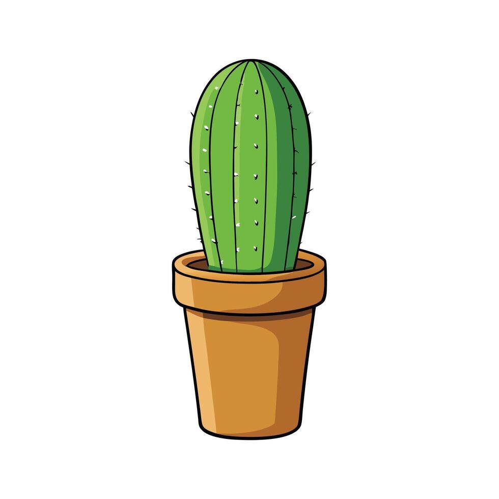 Isolated Cartoon Style Green Cactus Plant in Brown Pot vector