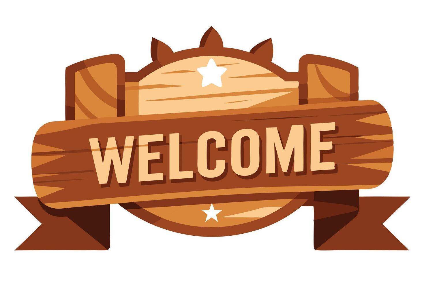Rustic Brown Wooden Sign with Welcome Text, Stars and Banner vector