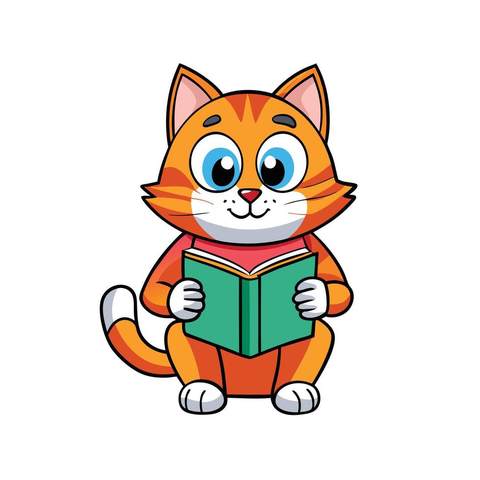 Cartoon Orange Cat Reading Book with Big Blue Eyes vector