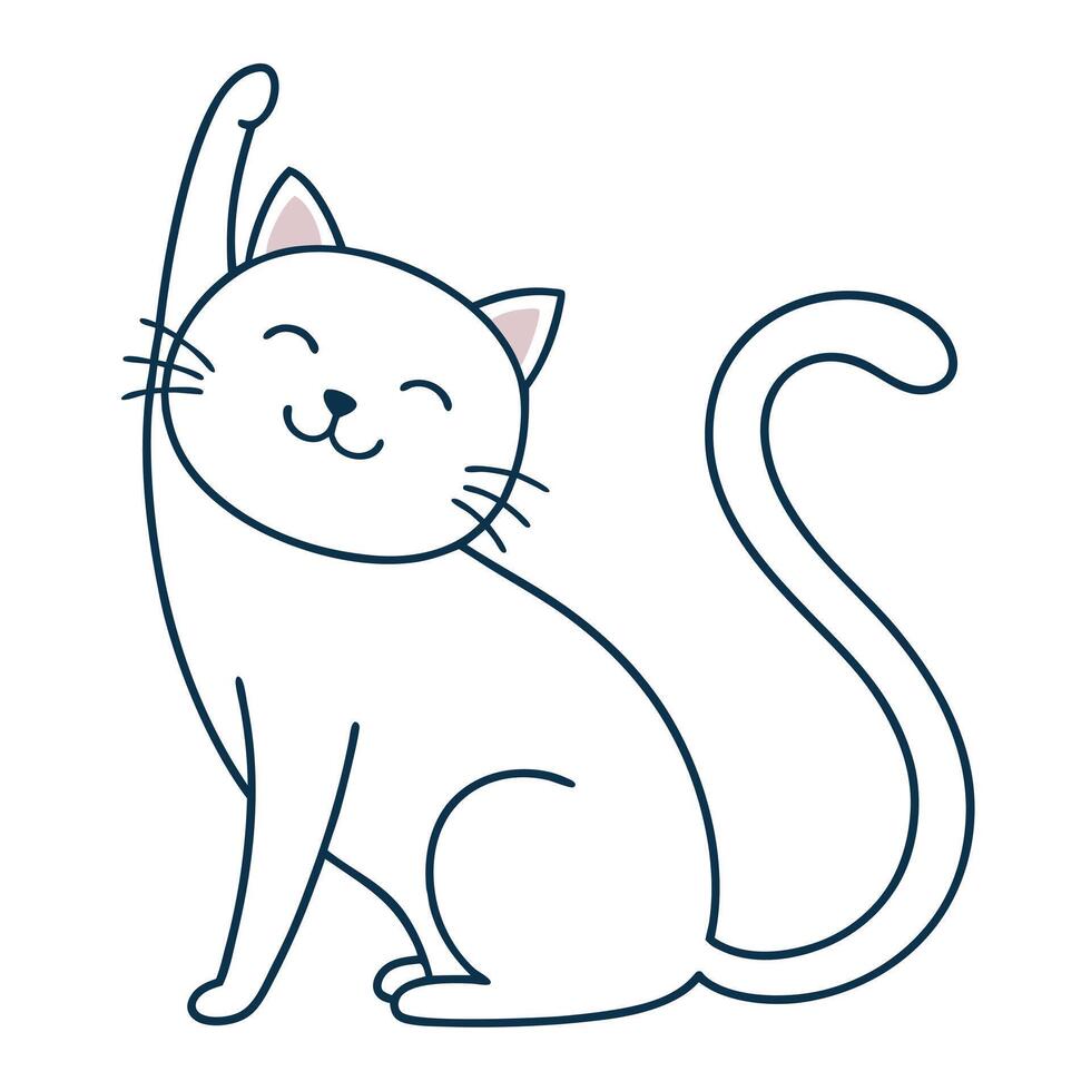 Cheerful White Cat with Raised Paw, Smiling Cartoon Kitten vector