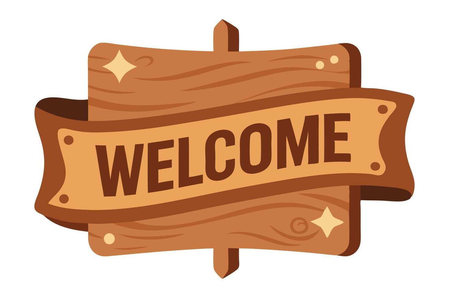 Cartoon Welcome Sign with Wooden Texture and Star Accents vector