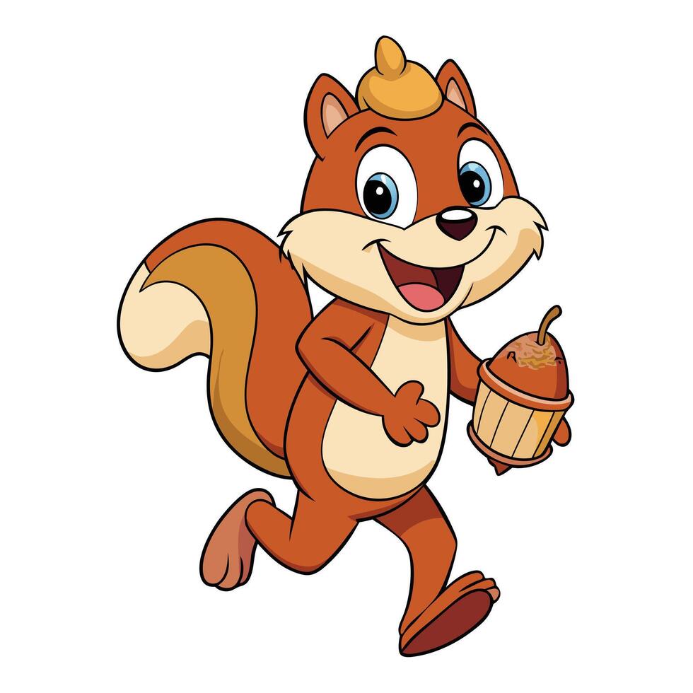 Cartoon Happy Squirrel Running with Acorn Cupcake vector