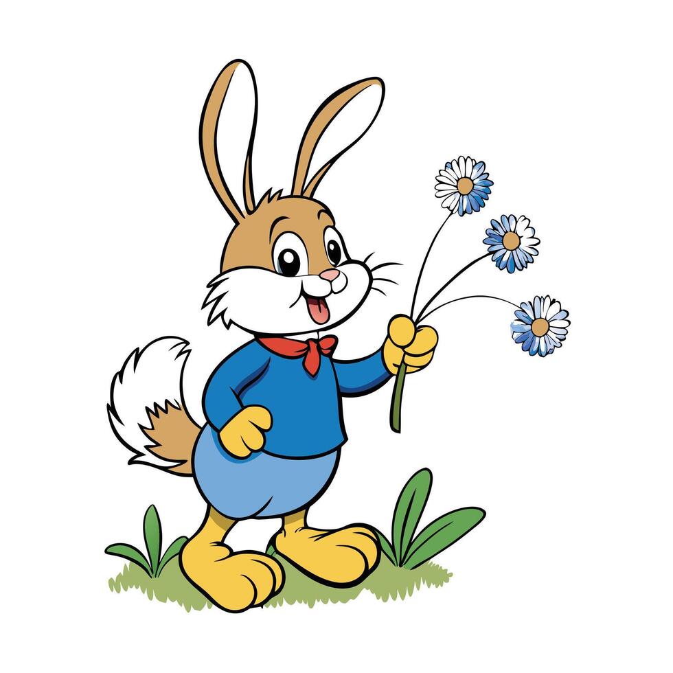 Cheerful Cartoon Bunny With Flowers On Green Grass vector
