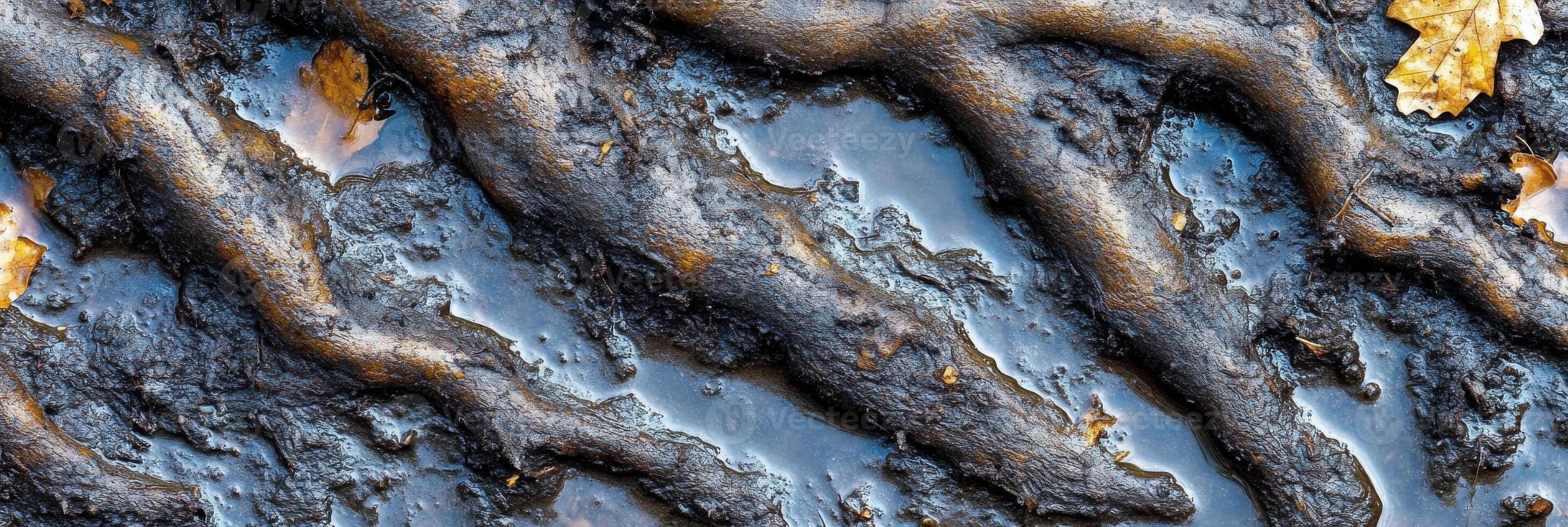 Wet tree root patterns with autumn leaves in forest ground texture photo