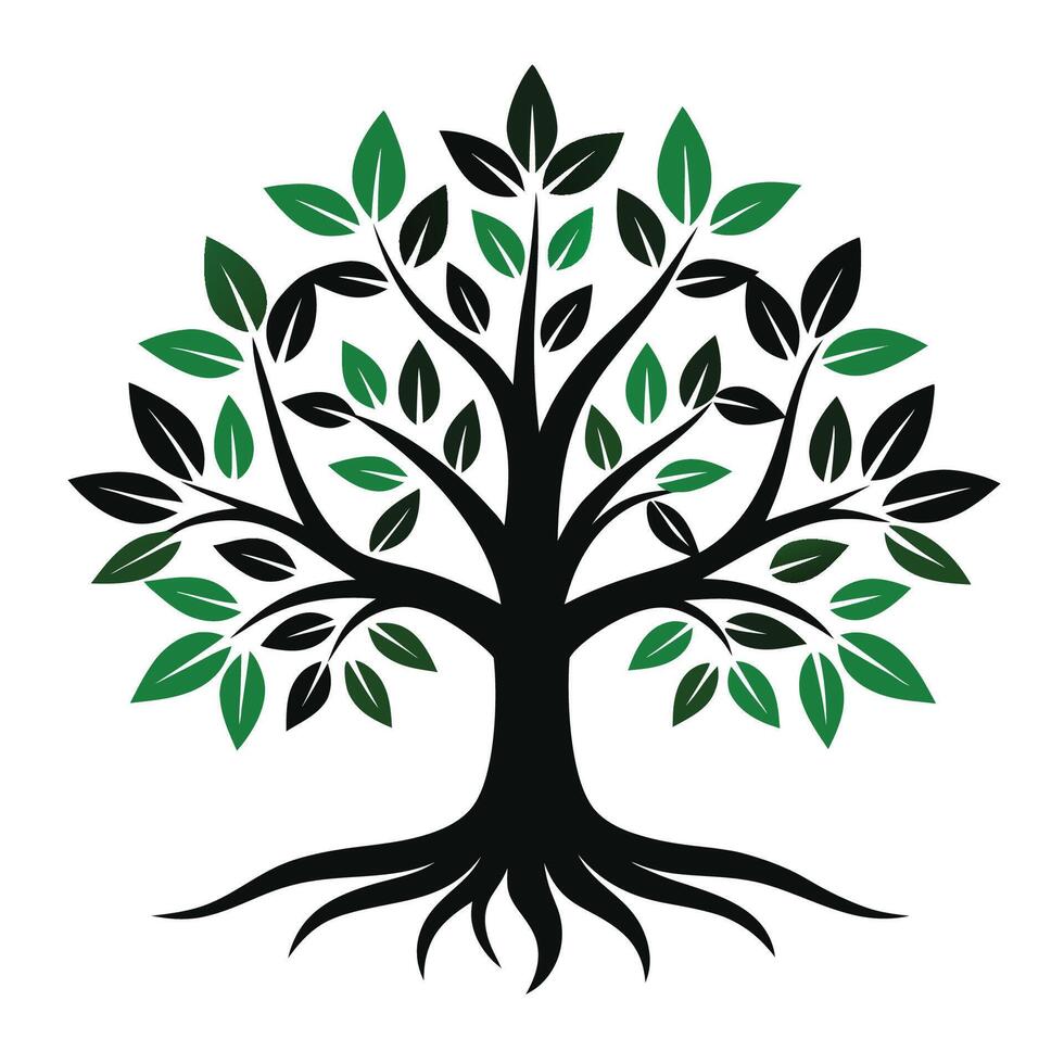 Stylized Tree Silhouette with Green Leaves vector