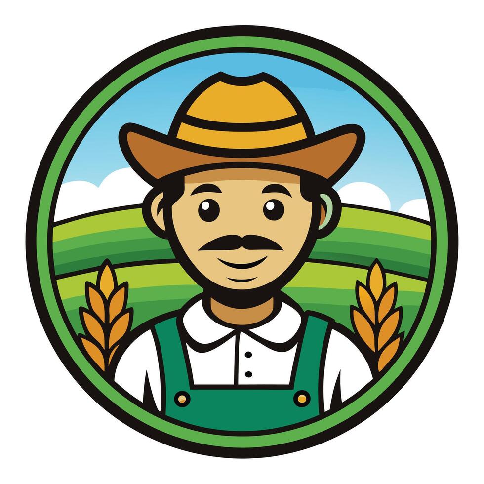 Cartoon Farmer with Hat in Green Field Circle vector