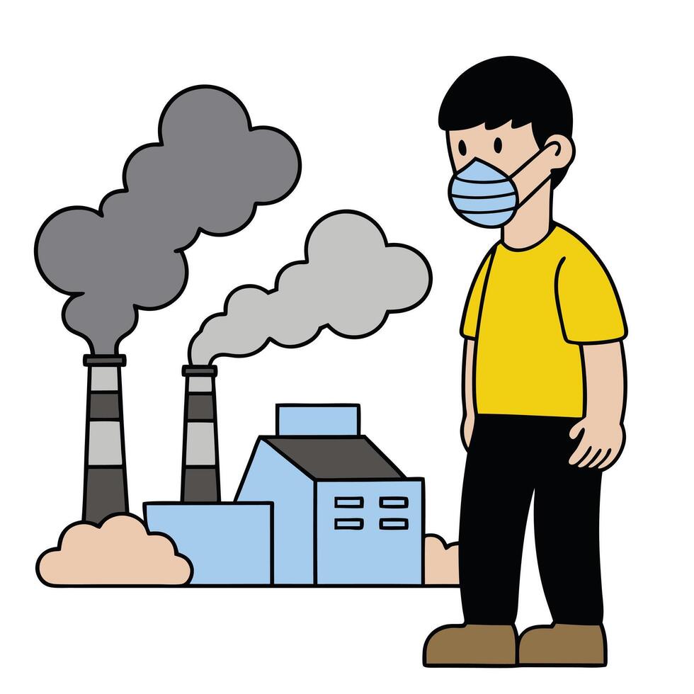 Cartoon Man with Mask Near Factory Polluting Air vector