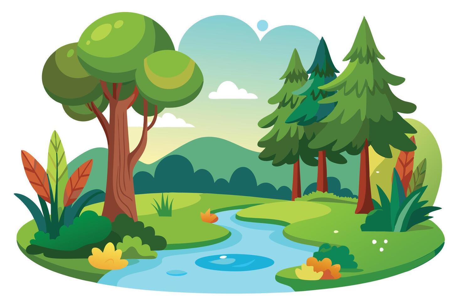 Stylized Landscape with River Trees and Hills Design vector