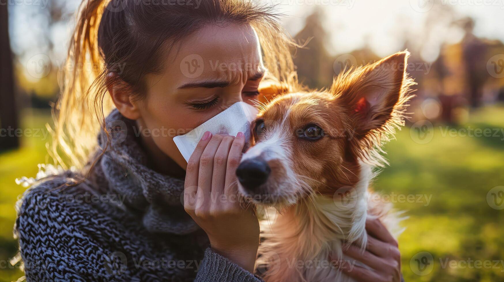A person allergic to dogs using antihistamines and avoiding petting a dog at the park photo