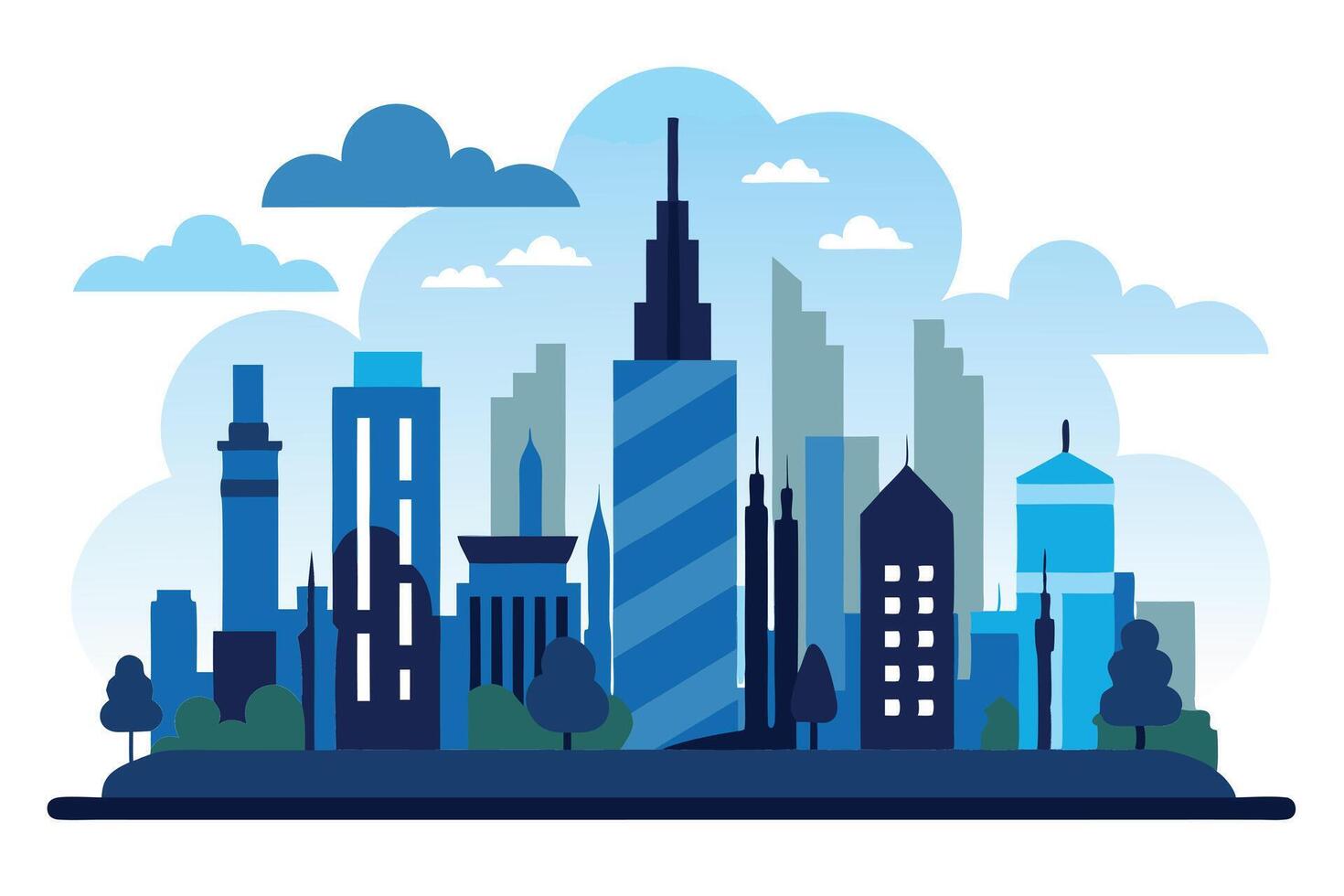 Cartoon City Skyline with Blue Buildings, Trees, and Clouds vector