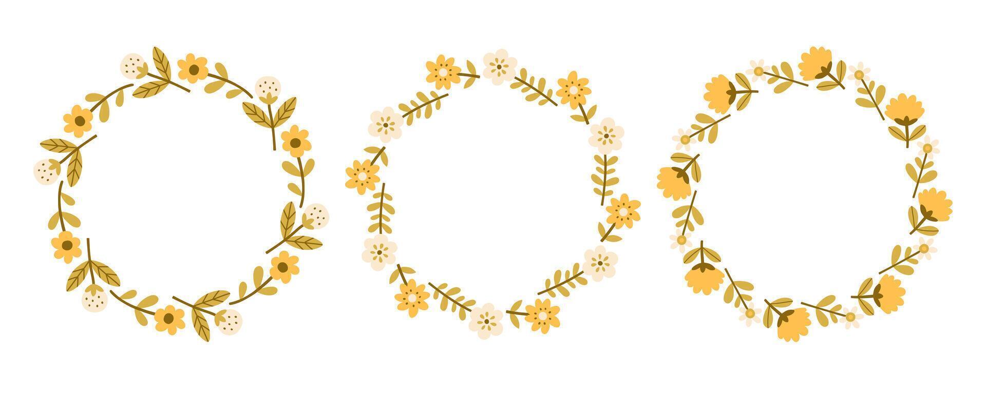 Spring simple yellow flower circle frame set. Floral circle frame. Hand drawn botanical round border, laurel, wreath with branches, leaves and flowers illustration for wedding invitation, card, logo vector