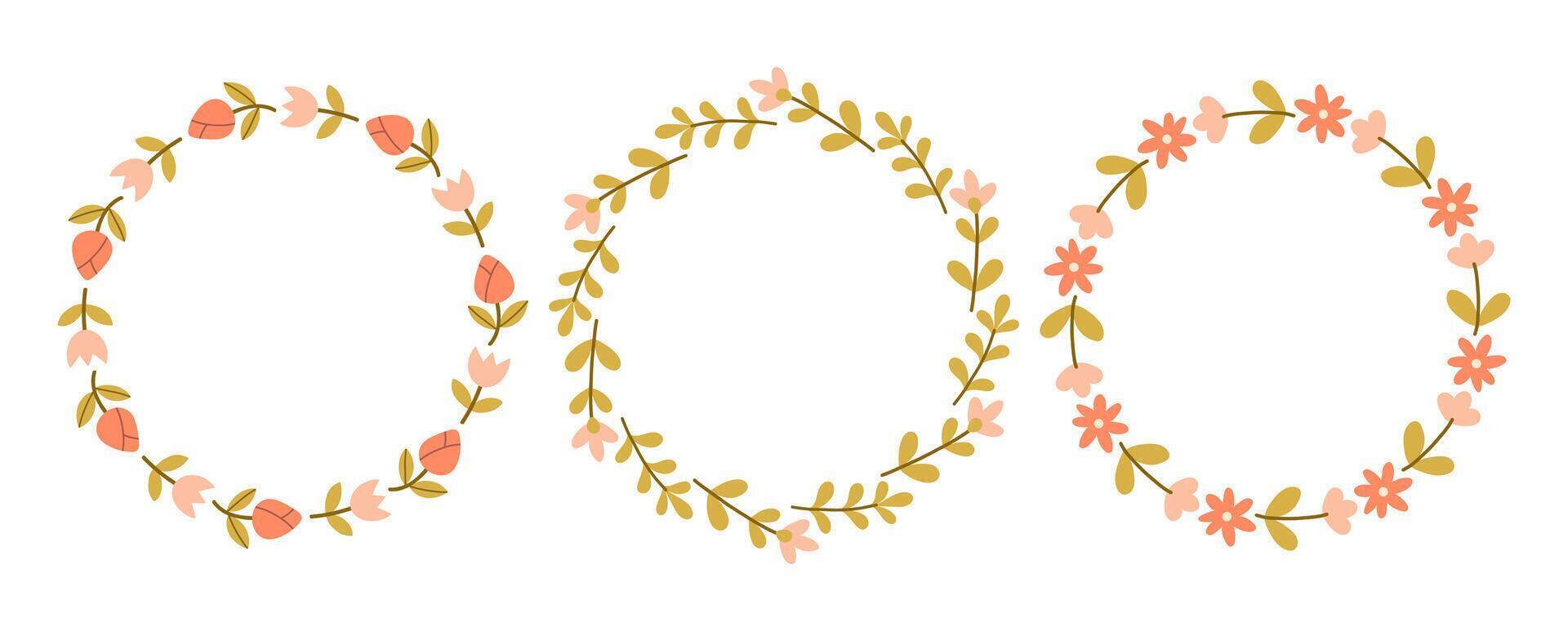 Spring red and pink flower circle frame set. Floral circle frame. Hand drawn botanical round border, laurel, wreath with branches, leaves and flowers illustration for wedding invitation, card, logo vector