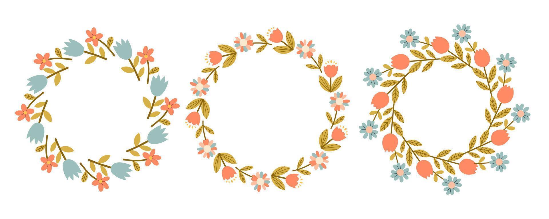 Spring simple flower circle frame set. Floral circle frame. Hand drawn botanical round border, laurel, wreath with branches, leaves and flowers illustration for wedding invitation, card, logo vector