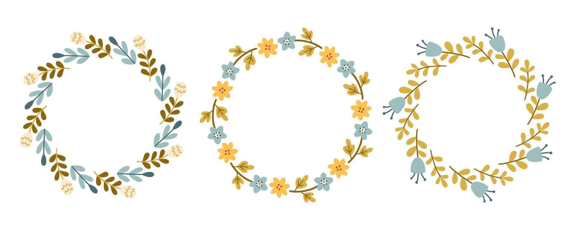 Spring blue and yellow flower circle frame set. Floral circle frame. Hand drawn botanical round border, laurel, wreath with branches, leaves and flowers illustration for wedding invitation, card, logo vector