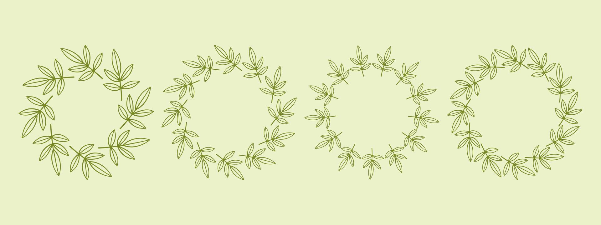 Flower circle frame set. Hand drawn green round line border, leaves and flowers, wedding invitation and cards, logo design and posters template. Elegant minimal style floral isolated set vector