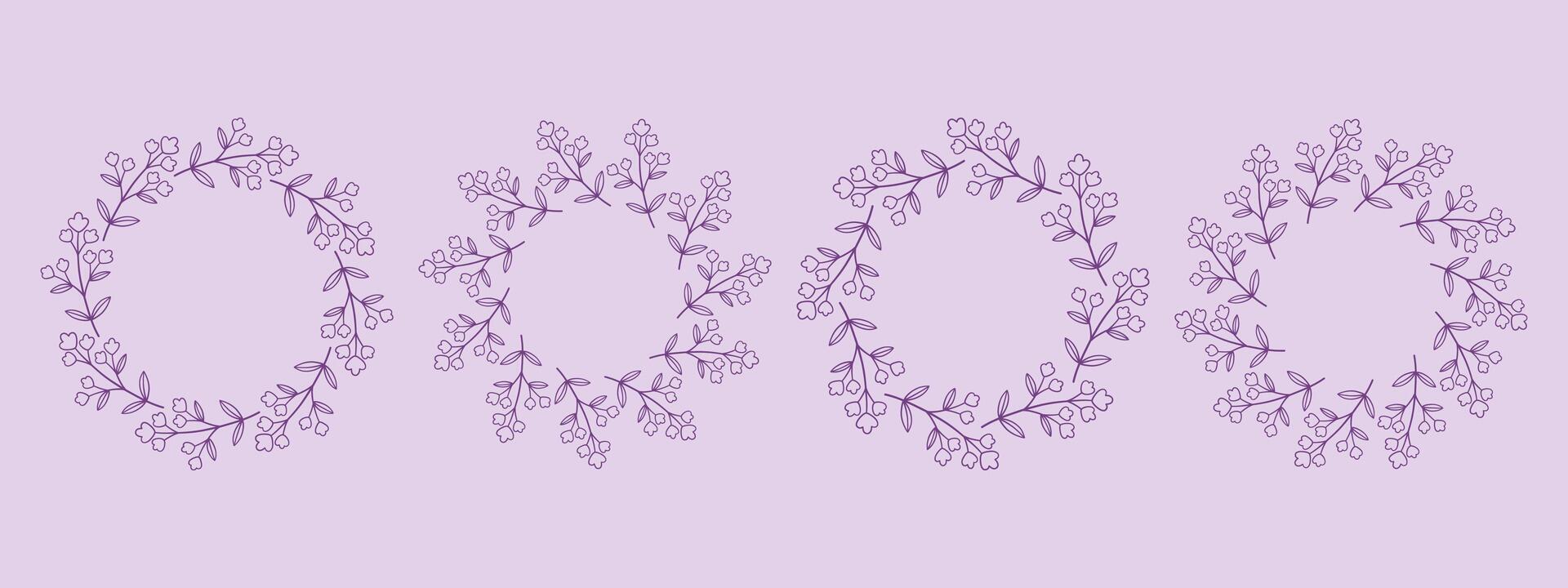 purple flower circle frame set. Hand drawn purple round line border, leaves and flowers, wedding invitation and cards, logo design and posters template. Elegant minimal style floral isolated set vector