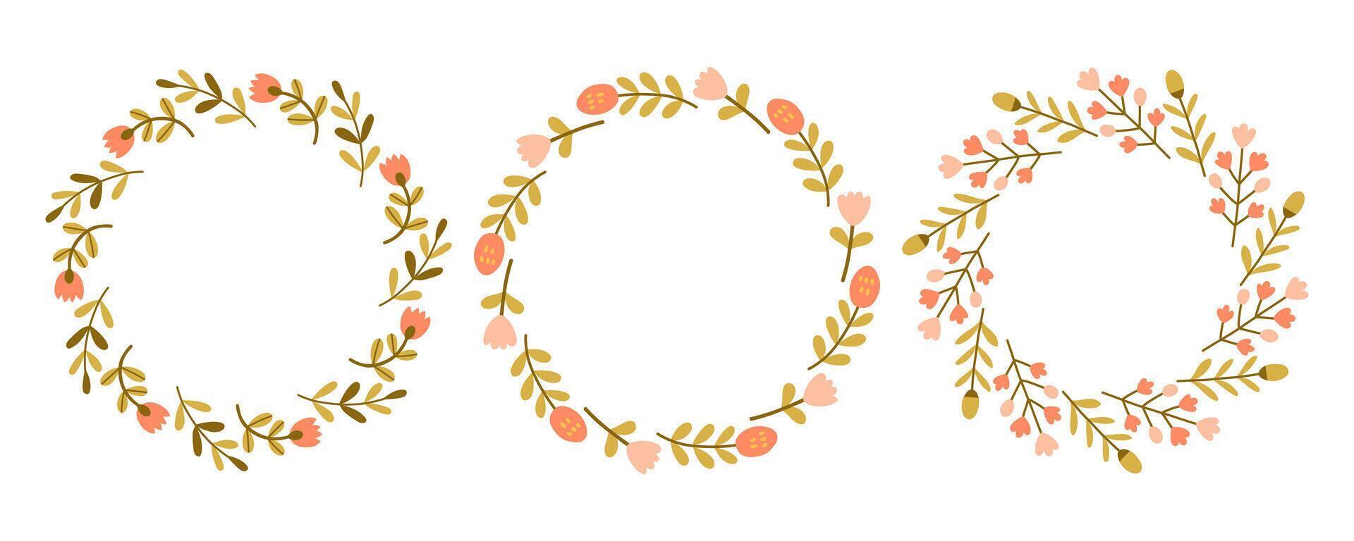 Spring pink and red flower circle frame set. Floral circle frame. Hand drawn botanical round border, laurel, wreath with branches, leaves and flowers illustration for wedding invitation, card, logo vector