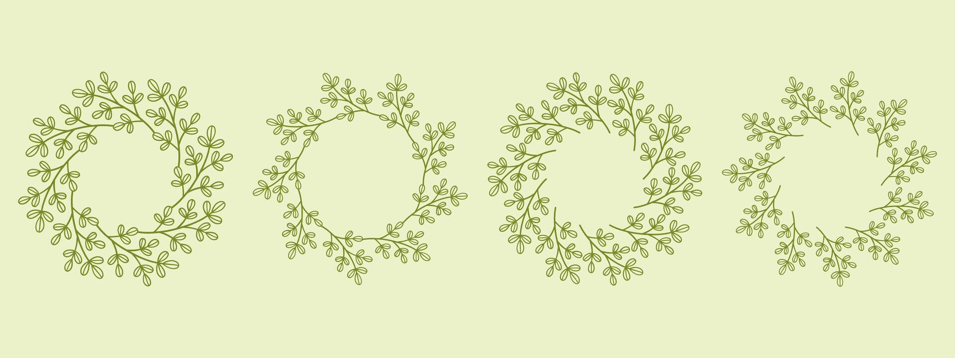 Simple green flower circle frame set. Hand drawn green round line border, leaves and flowers, wedding invitation and cards, logo design and posters template. Elegant minimal style floral isolated set vector