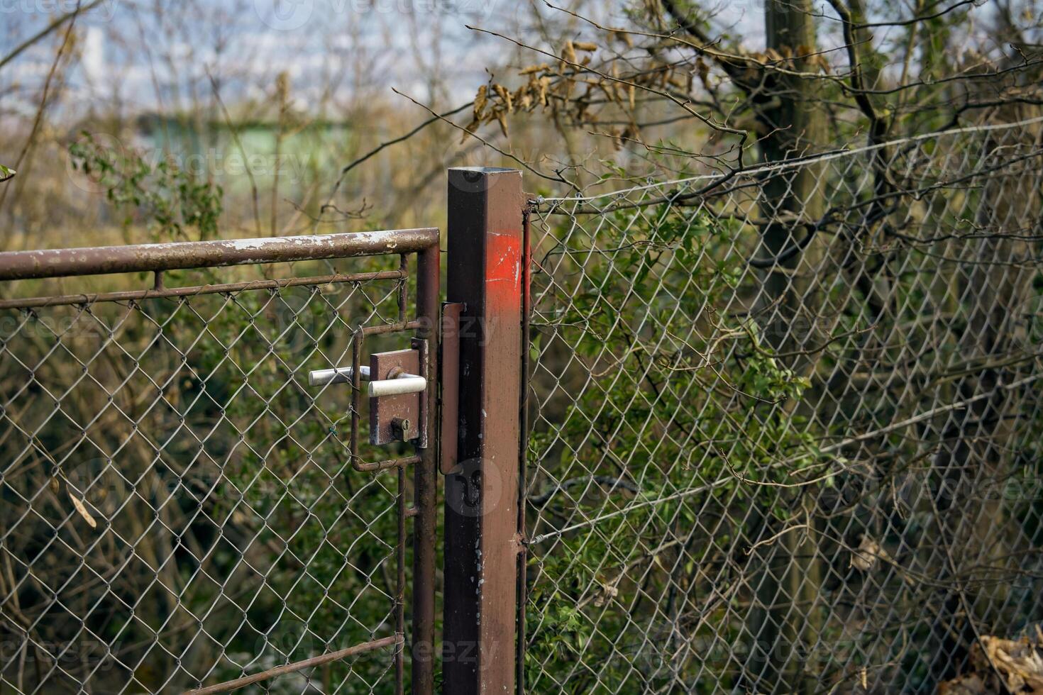 An aged metal fence. The photo shows an old gate made of metal, with rusty elements.